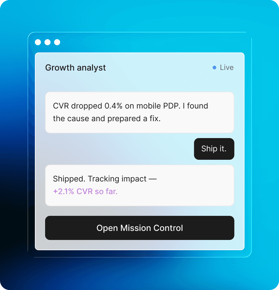 Growth analyst chat: a CVR drop found, fix approved with 'Ship it', +2.1% CVR tracked