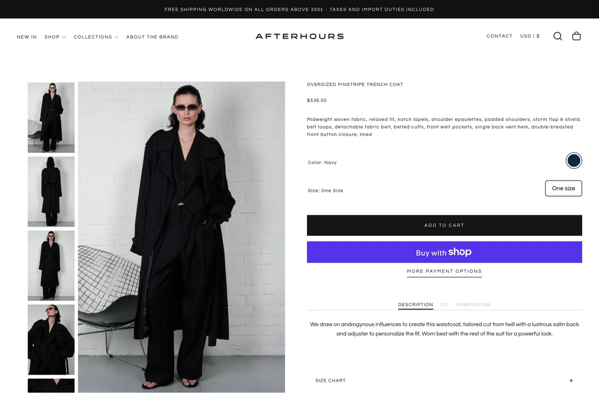 Afterhrs pinstripe trench coat product page — the complete styled look