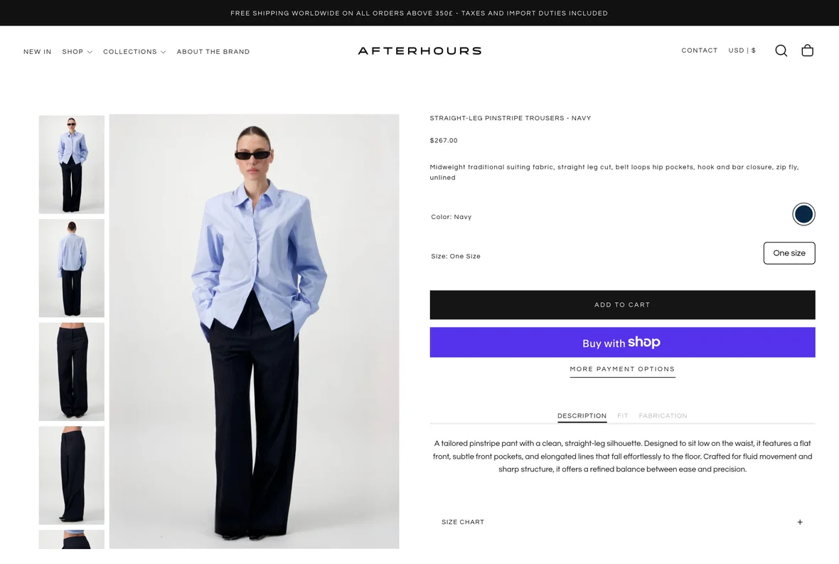 Afterhrs pinstripe trousers product page — a single piece