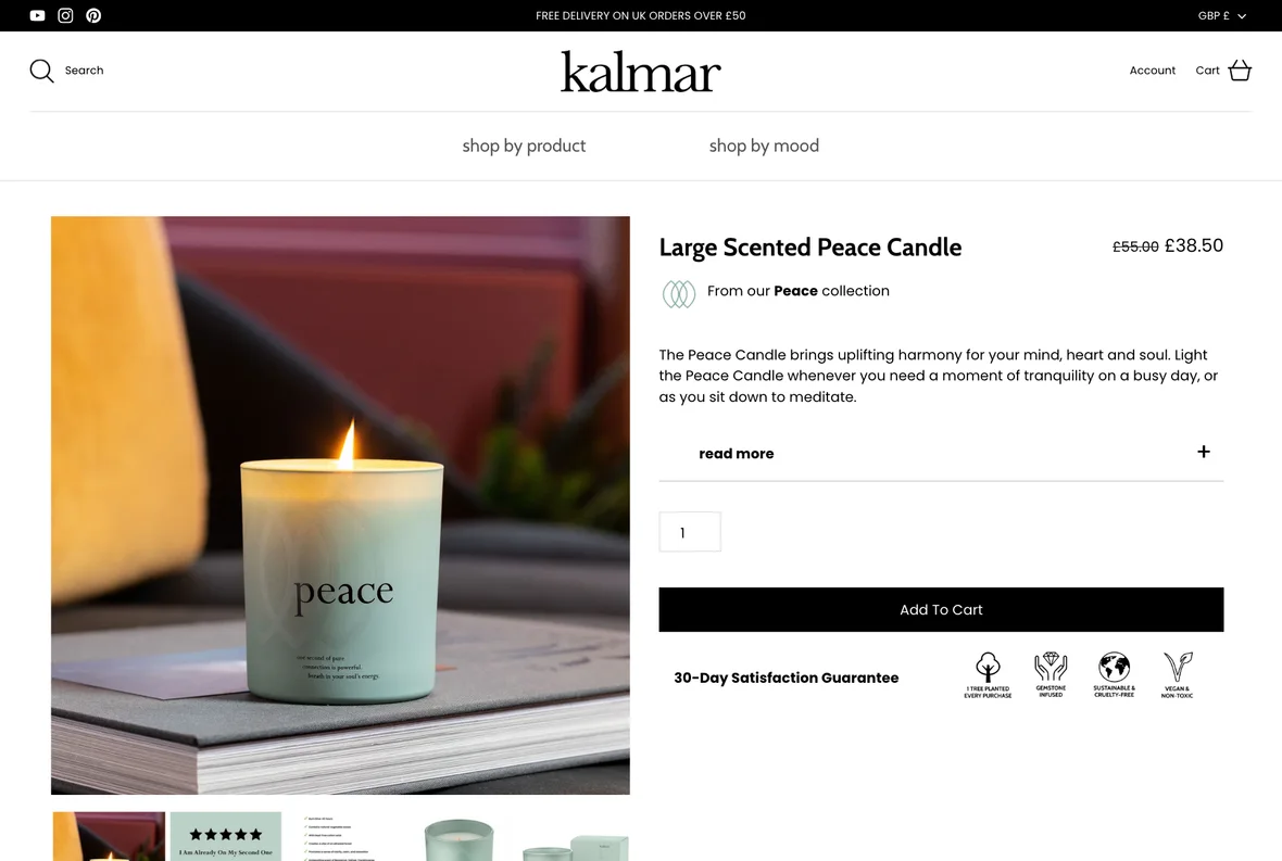 Kalmar Peace scented candle product page — a single product